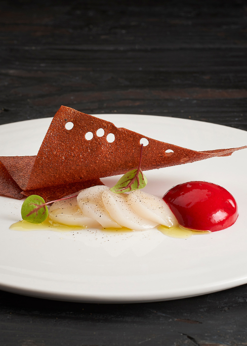 Carpaccio van coquille met rode biet