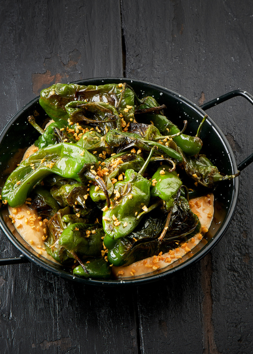 Padrón Peppers met Sauce-Espuma Mousseline BBQ