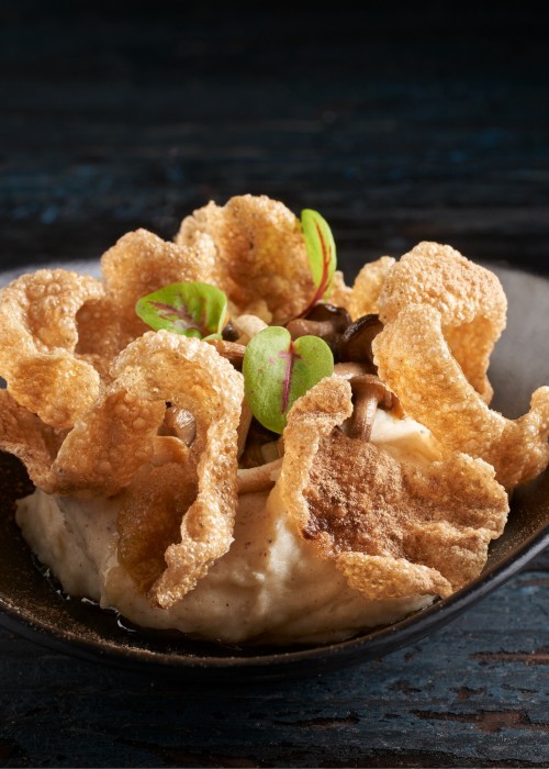 Hazelnootpuree met Enoki en Tasty-Bites Cep & Mushroomsalt