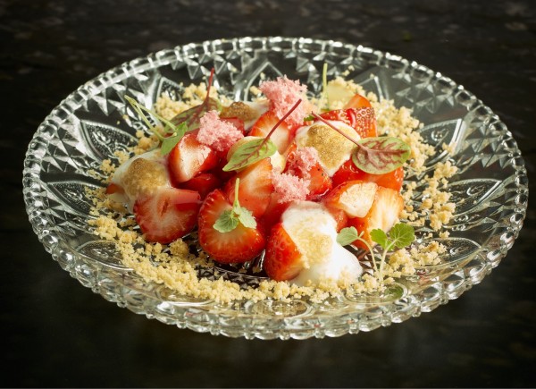 Aardbeien met Dessert Espuma Meringue Italienne