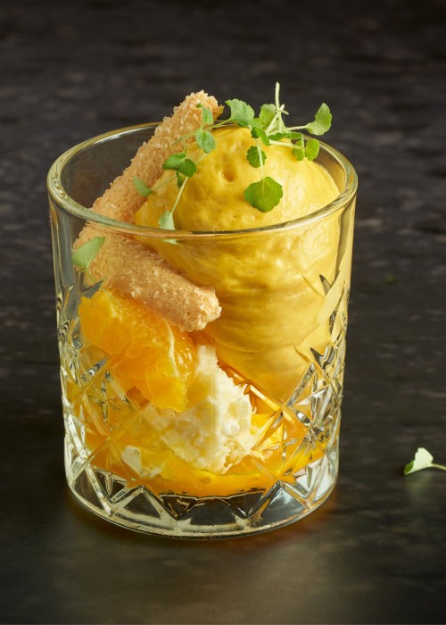 Vanille-ijs met Fruit-Espuma Mango